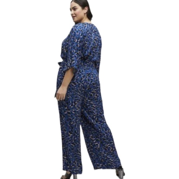 NWT Eloquii Elements plus size blue leopard print kimono sleeve vneck jumpsuit - Picture 2 of 11